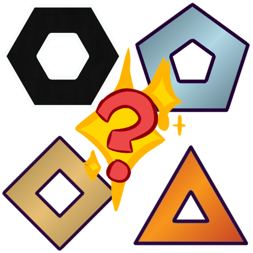 Four icons representing different levels of rarity with some sparkles and a red question mark in the center. The symbols are a black hexagon, a silver pentagon, a golden square/diamond, and a red-orange triangle.